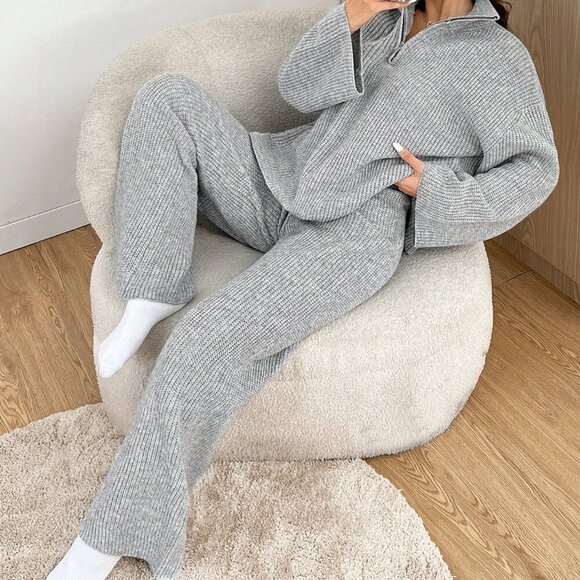 Grey Casual Zipper Half Placket Dropped Shoulder Long Sleeve Sweater & Pant set - Picture 1 of 5
